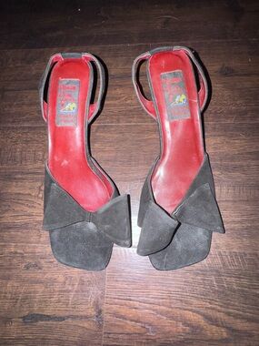 Carlos Falchi Black Suede Bow Slingback Heels with Red Insole